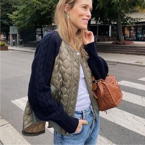 Veronica Beard Marjeti Quilted
Sweater Bomber Jacket Mixed Media XS Navy Olive